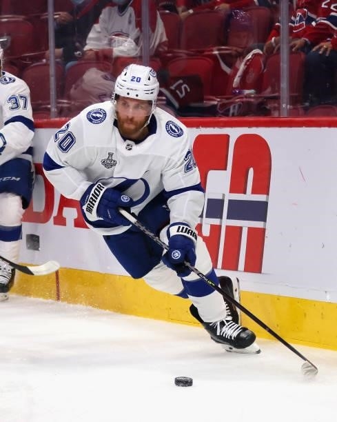 Blake Coleman of the Tampa Bay Lightning skates against the Montreal Canadiens during Game Three of the 2021 NHL Stanley Cup Final at the Bell Centre...