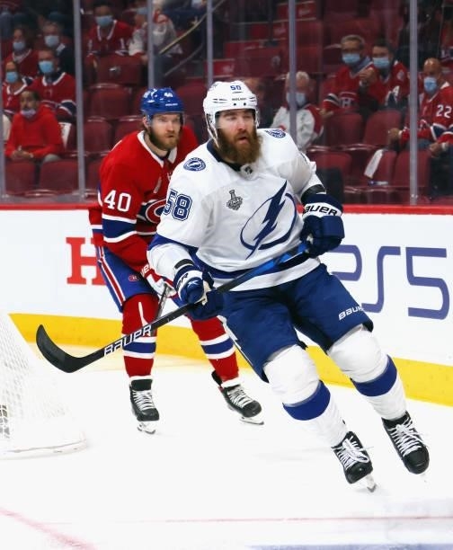 David Savard of the Tampa Bay Lightning skates against the Montreal Canadiens during Game Three of the 2021 NHL Stanley Cup Final at the Bell Centre...