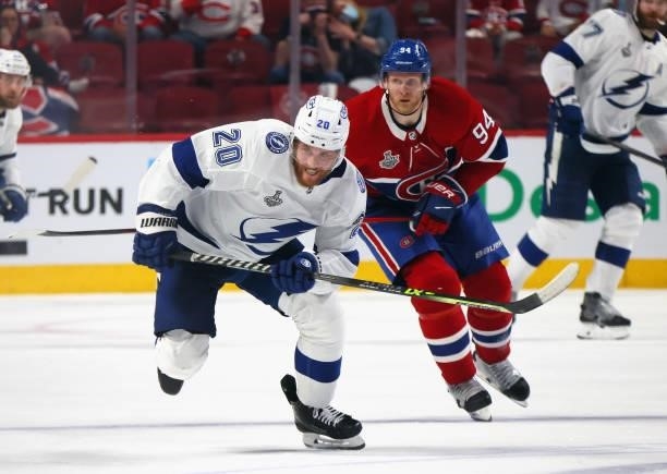 Blake Coleman of the Tampa Bay Lightning skates against the Montreal Canadiens during Game Three of the 2021 NHL Stanley Cup Final at the Bell Centre...