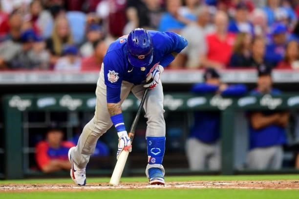 Javier Baez of the Chicago Cubs reacts at-bat during a game between the Chicago Cubs and Cincinnati Reds at Great American Ball Park on July 02, 2021...