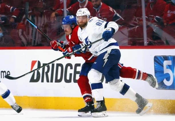 Erik Cernak of the Tampa Bay Lightning skates against the Montreal Canadiens during Game Three of the 2021 NHL Stanley Cup Final at the Bell Centre...