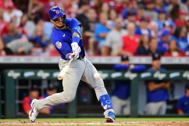 Javier Baez of the Chicago Cubs at-bat during a game between the Chicago Cubs and Cincinnati Reds at Great American Ball Park on July 02, 2021 in...