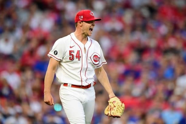 Sonny Gray of the Cincinnati Reds reacts during a game between the Chicago Cubs and Cincinnati Reds at Great American Ball Park on July 02, 2021 in...
