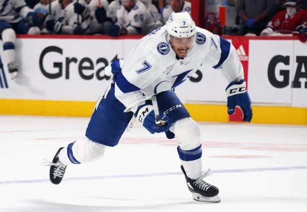 Mathieu Joseph of the Tampa Bay Lightning skates against the Montreal Canadiens during Game Three of the 2021 NHL Stanley Cup Final at the Bell...