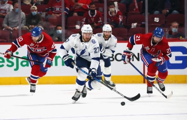 Ryan McDonagh of the Tampa Bay Lightning skates against the Montreal Canadiens during Game Three of the 2021 NHL Stanley Cup Final at the Bell Centre...