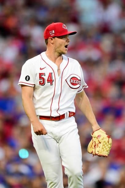 Sonny Gray of the Cincinnati Reds reacts during a game between the Chicago Cubs and Cincinnati Reds at Great American Ball Park on July 02, 2021 in...