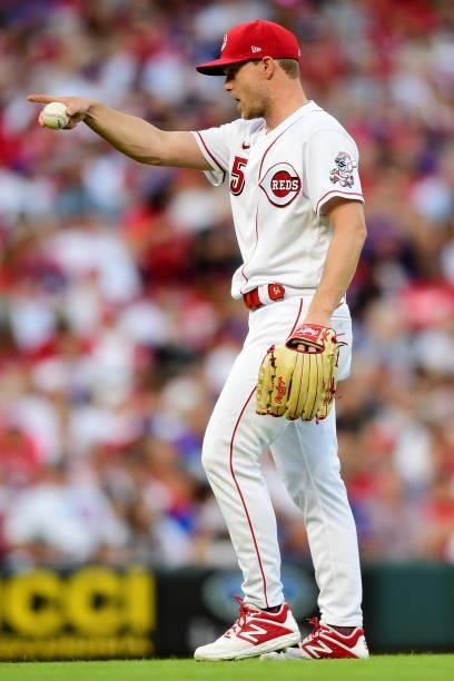 Sonny Gray of the Cincinnati Reds reacts after a strike out during a game between the Chicago Cubs and Cincinnati Reds at Great American Ball Park on...