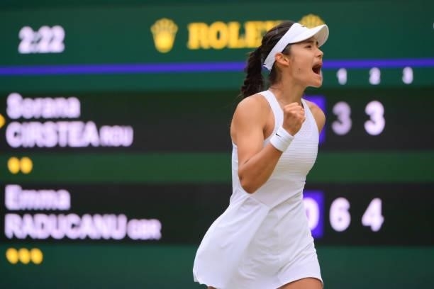 Emma Raducanu of Great Britain celebrates during her match against Sorana Cirstea of Romania in the third round of the ladies singles during Day Six...