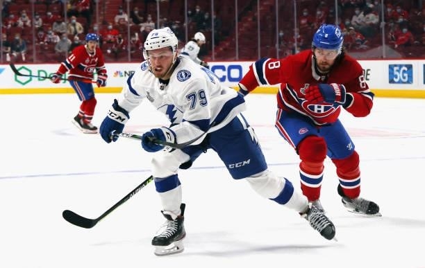Ross Colton of the Tampa Bay Lightning skates against the Montreal Canadiens during Game Three of the 2021 NHL Stanley Cup Final at the Bell Centre...