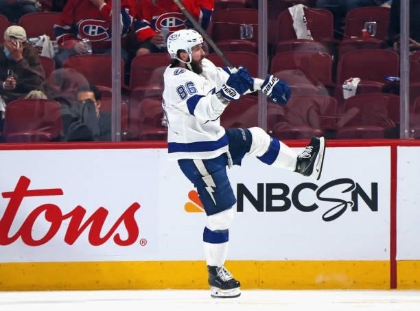 Nikita Kucherov of the Tampa Bay Lightning celebrates his goal against the Montreal Canadiens during Game Three of the 2021 NHL Stanley Cup Final at...