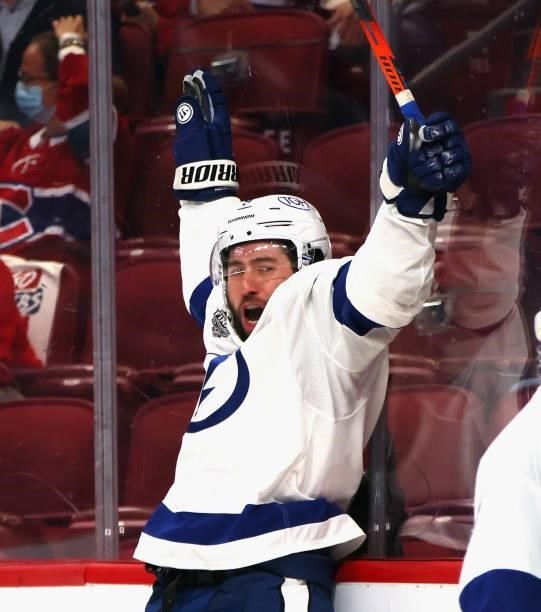 Tyler Johnson of the Tampa Bay Lightning celebrates his second goal of the game against the Montreal Canadiens during Game Three of the 2021 NHL...