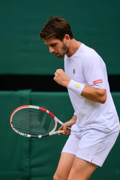 Cameron Norrie of Great Britain celebrates during his match against Roger Federer of Switzerland in the third round of the gentlemen's singles during...