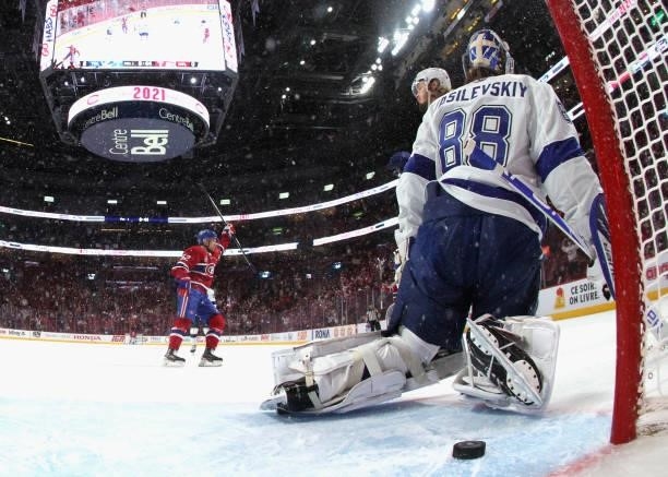 The Montreal Canadiens scores a second period goal against Andrei Vasilevskiy of the Tampa Bay Lightning during Game Three of the 2021 NHL Stanley...