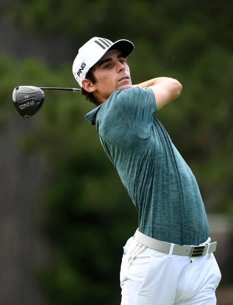 Joaquin Niemann of Chile plays his shot from the fourth tee during the third round of the Rocket Mortgage Classic on July 03, 2021 at the Detroit...