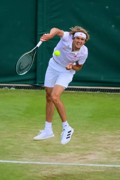 Alexander Zverev of Germany serves against Taylor Fritz of the United States in the third round of the gentlemen's singles during Day Six of The...