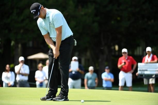 Tom Lewis of England putts on the sixth green during the third round of the Rocket Mortgage Classic on July 03, 2021 at the Detroit Golf Club in...