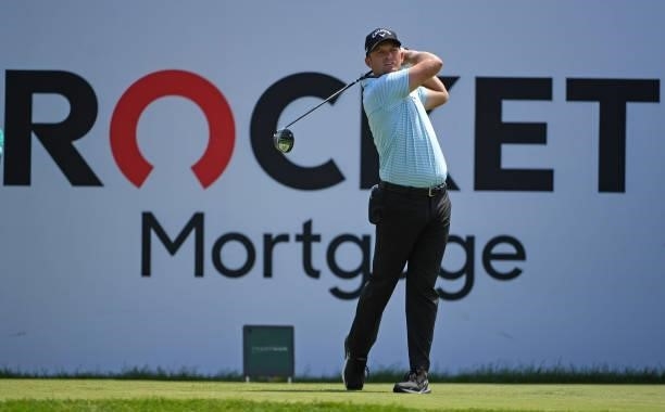 Tom Lewis of England plays his shot from the seventh tee during the third round of the Rocket Mortgage Classic on July 03, 2021 at the Detroit Golf...