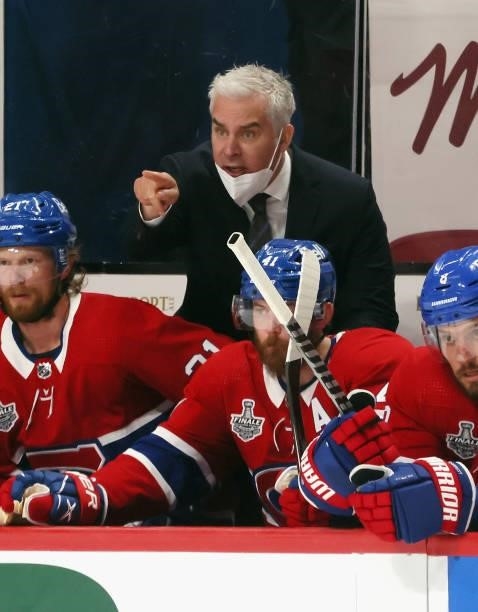 Head coach Dominique Ducharme of the Montreal Canadiens reacts against the Tampa Bay Lightning during the first period in Game Three of the 2021 NHL...