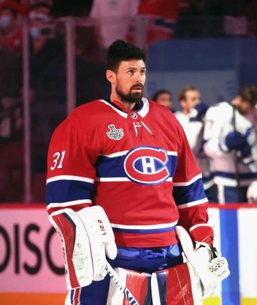 Carey Price of the Montreal Canadiens prepares to play against the Tampa Bay Lightning during Game Three of the 2021 NHL Stanley Cup Final at the...