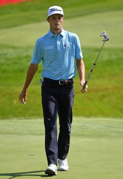 Will Zalatoris walks on the 18th green during the third round of the Rocket Mortgage Classic on July 03, 2021 at the Detroit Golf Club in Detroit,...