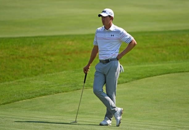 Maverick McNealy waits to putt on the 18th green during the third round of the Rocket Mortgage Classic on July 03, 2021 at the Detroit Golf Club in...