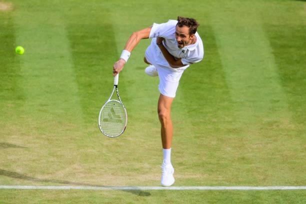 Daniil Medvedev of Russia serves against Marin Cilic of Croatia in the third round of the gentlemen's singles during Day Six of The Championships -...