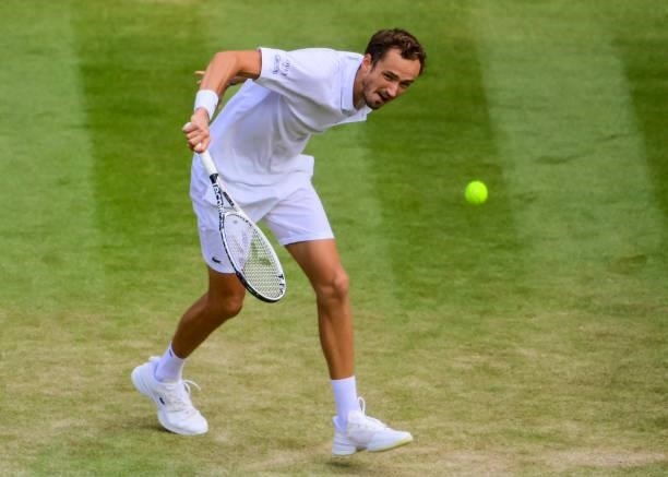 Daniil Medvedev of Russia hits a backhand against Marin Cilic of Croatia in the third round of the gentlemen's singles during Day Six of The...