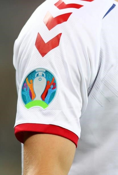 Detailed view of the Euro 2020 Championships logo is seen on the shirt of Mathias Jensen of Denmark during the UEFA Euro 2020 Championship...