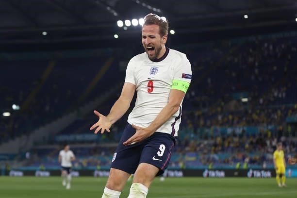 Harry Kane of England celebrates after scoring their side's third goal during the UEFA Euro 2020 Championship Quarter-final match between Ukraine and...