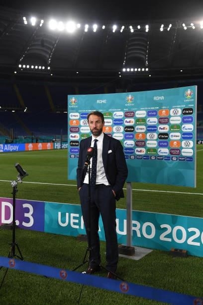 Gareth Southgate, Head Coach of England speaks to the media following the UEFA Euro 2020 Championship Quarter-final match between Ukraine and England...