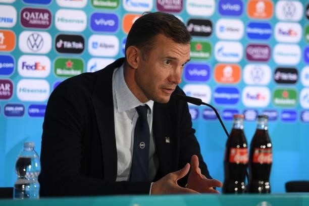 In this handout picture provided by UEFA, Andriy Shevchenko, Head Coach of Ukraine speaks to the media during the Ukraine Press Conference after the...