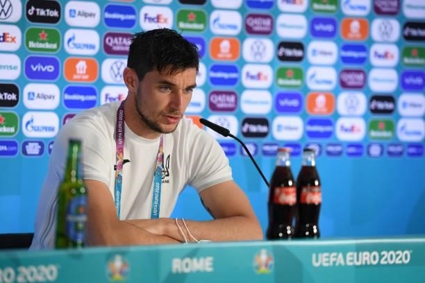 In this handout picture provided by UEFA, Roman Yaremchuk of Ukraine speaks to the media during the Ukraine Press Conference after the UEFA Euro 2020...