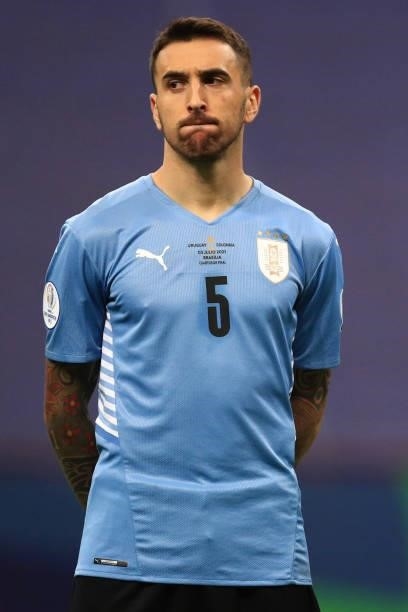 Jose Gimenez of Uruguay looks on prior to a quarter-final match of Copa America Brazil 2021 between Colombia and Uruguay at Mane Garrincha Stadium on...