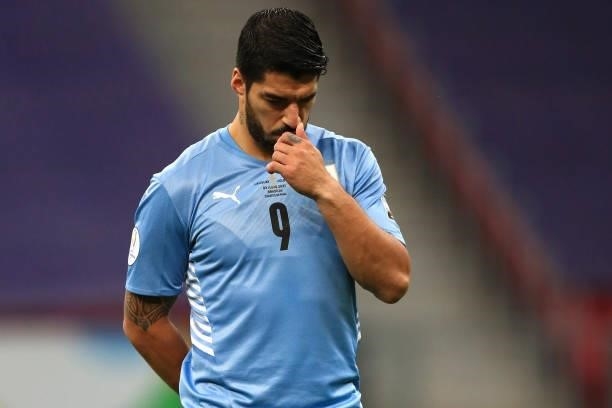 Luis Suarez of Uruguay gestures prior to a quarter-final match of Copa America Brazil 2021 between Colombia and Uruguay at Mane Garrincha Stadium on...