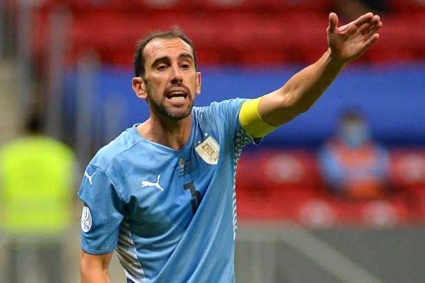 Diego Godin of Uruguay reacts during a quarter-final match of Copa America Brazil 2021 between Colombia and Uruguay at Mane Garrincha Stadium on July...