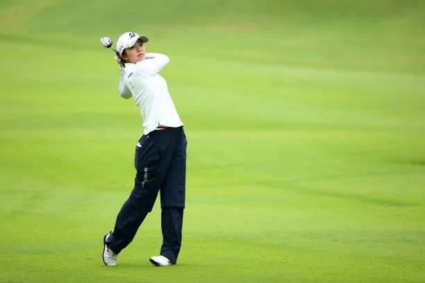 Kotone Hori of Japan hits her second shot on the 17th hole during the rest of the third round of the Shiseido Ladies Open at Totsuka Country Club on...