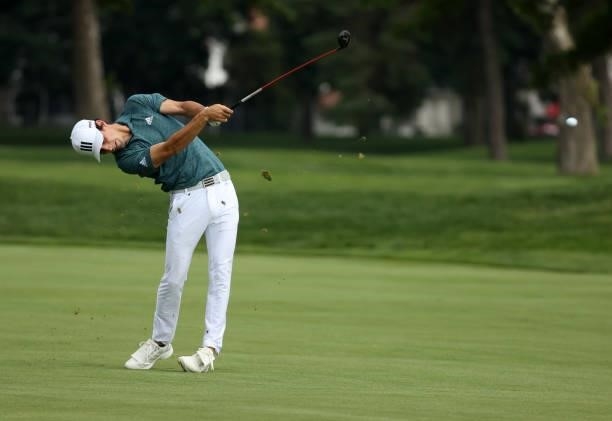Joaquin Niemann of Chile plays his shot on the 17th hole during the third round of the Rocket Mortgage Classic on July 03, 2021 at the Detroit Golf...