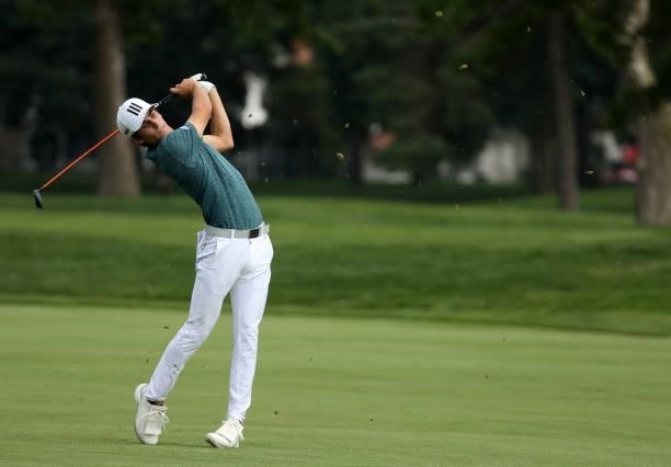Joaquin Niemann of Chile plays his shot on the 17th hole during the third round of the Rocket Mortgage Classic on July 03, 2021 at the Detroit Golf...