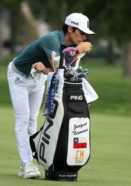Joaquin Niemann of Chile prepares to play his shot on the 17th hole during the third round of the Rocket Mortgage Classic on July 03, 2021 at the...