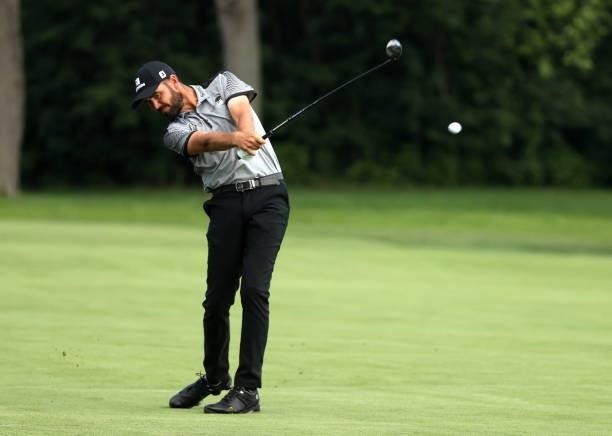 Troy Merritt plays his shot on the 17th hole during the third round of the Rocket Mortgage Classic on July 03, 2021 at the Detroit Golf Club in...