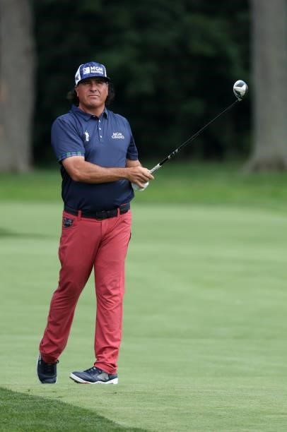 Pat Perez plays his shot on the 17th hole during the third round of the Rocket Mortgage Classic on July 03, 2021 at the Detroit Golf Club in Detroit,...