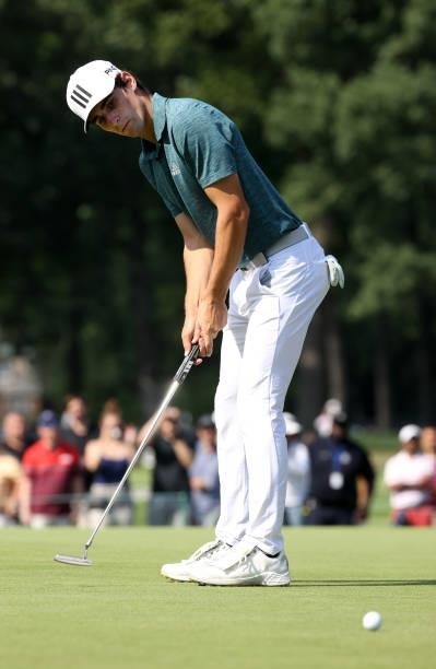 Joaquin Niemann of Chile putts on the 15th green during the third round of the Rocket Mortgage Classic on July 03, 2021 at the Detroit Golf Club in...