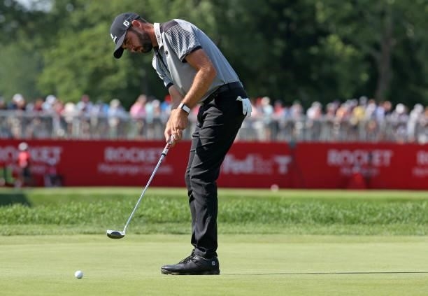 Troy Merritt putts for birdie on the 15th green during the third round of the Rocket Mortgage Classic on July 03, 2021 at the Detroit Golf Club in...