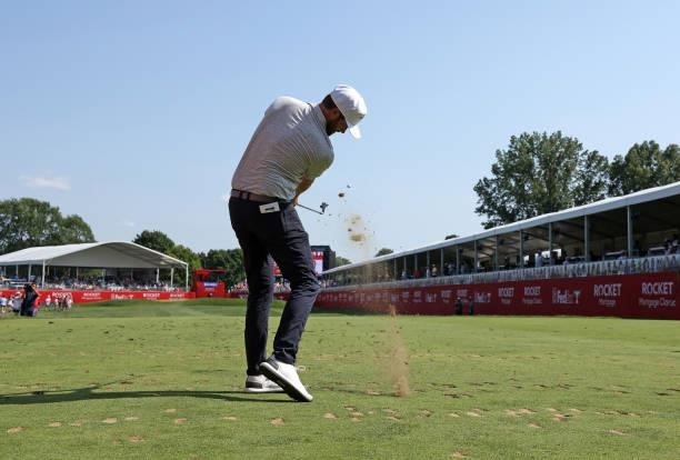 Chris Kirk plays his shot from the 15th tee during the third round of the Rocket Mortgage Classic on July 03, 2021 at the Detroit Golf Club in...