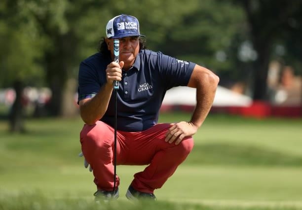 Pat Perez lines up a putt on the 13th green during the third round of the Rocket Mortgage Classic on July 03, 2021 at the Detroit Golf Club in...