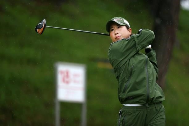 Megumi Kido of Japan hits her tee shot on the 18th hole during the rest of the third round of the Shiseido Ladies Open at Totsuka Country Club on...