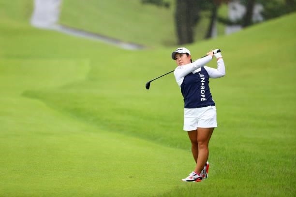 Saki Asai of Japan hits her second shot on the 18th hole during the rest of the third round of the Shiseido Ladies Open at Totsuka Country Club on...