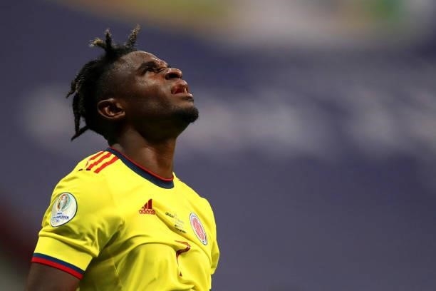 Duvan Zapata of Colombia reacts during a quarter-final match of Copa America Brazil 2021 between Colombia and Uruguay at Mane Garrincha Stadium on...