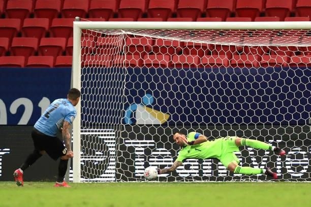 Jose Gimenez of Uruguay misses his penalty kick as its saved by David Ospina of Colombia in the shootout after a quarter-final match of Copa America...