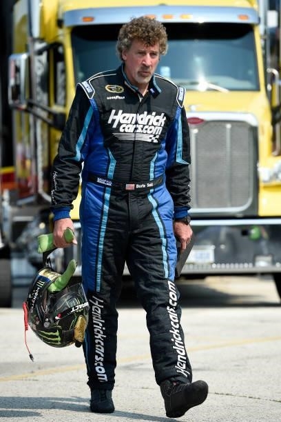 Boris Said, driver of the Kunes RV Toyota, walks the grid during the NASCAR Xfinity Series Henry 180 at Road America on July 03, 2021 in Elkhart...